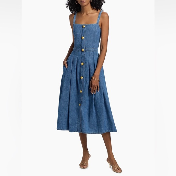 New L’Agence Denim Pleated Esmeralda Dress Button Front Blue Jean Stokes Sz 6 - Picture 2 of 16